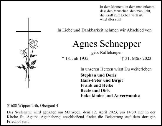 Anzeige von Agnes Schnepper von Kölner Stadt-Anzeiger / Kölnische Rundschau / Express