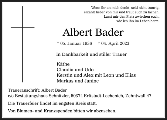 Anzeige von Albert Bader von  Werbepost 