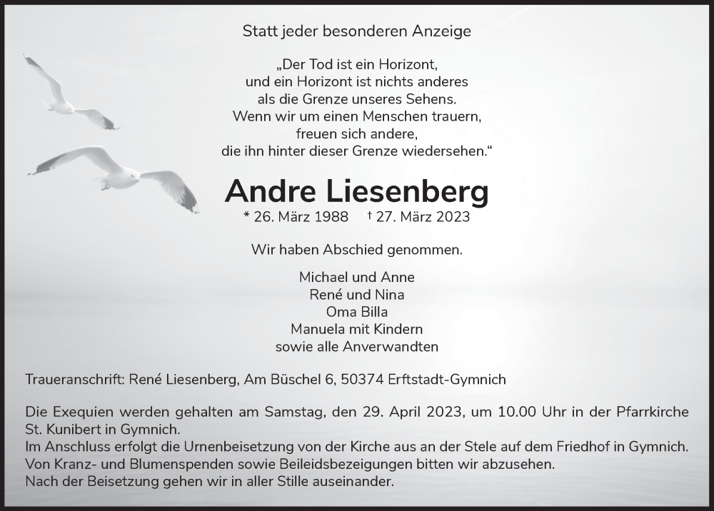  Traueranzeige für Andre Liesenberg vom 18.07.2023 aus  Werbepost 