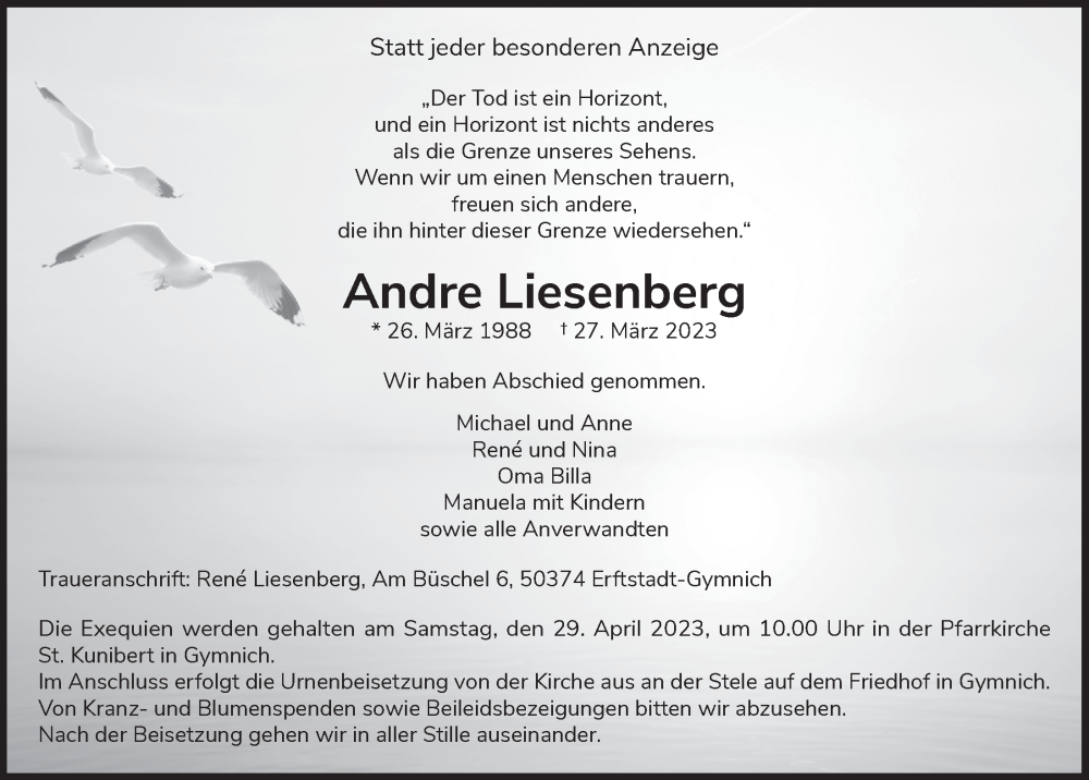  Traueranzeige für Andre Liesenberg vom 21.04.2023 aus  Werbepost 