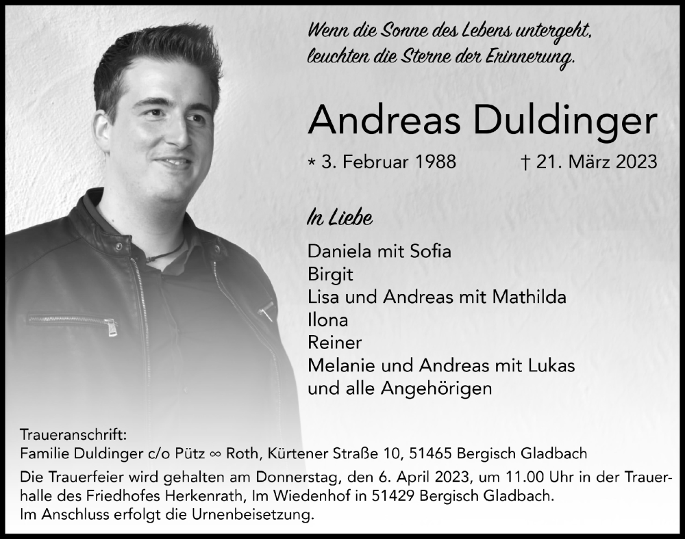  Traueranzeige für Andreas Duldinger vom 31.03.2023 aus  Bergisches Handelsblatt 