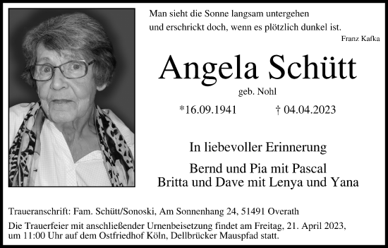 Anzeige von Angela Schütt von Kölner Stadt-Anzeiger / Kölnische Rundschau / Express