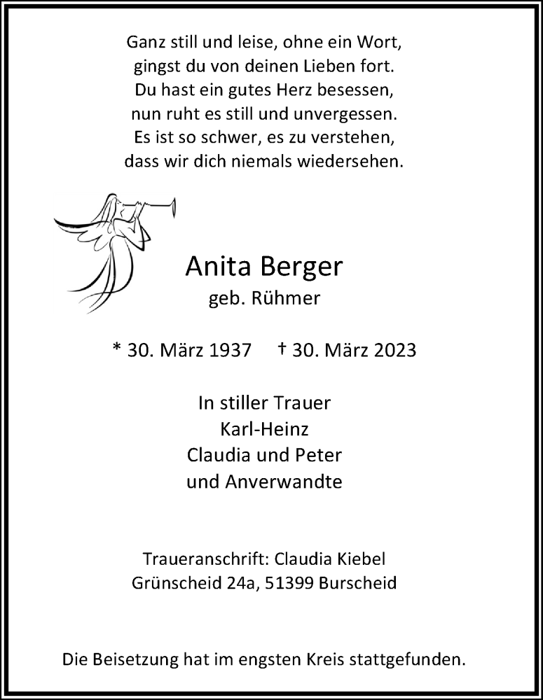  Traueranzeige für Anita Berger vom 29.04.2023 aus Kölner Stadt-Anzeiger / Kölnische Rundschau / Express