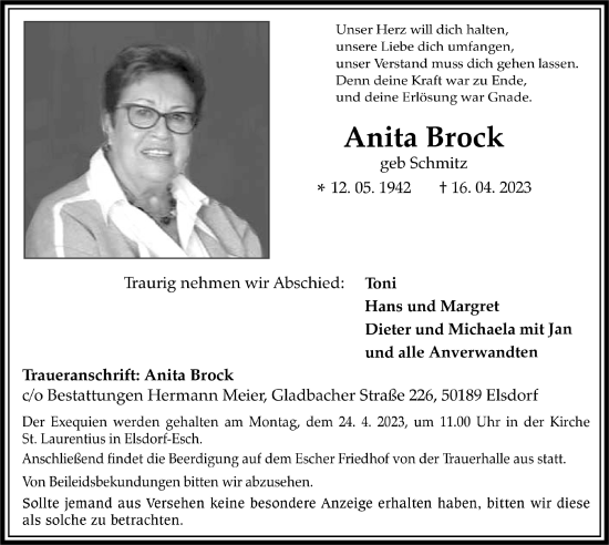 Anzeige von Anita Brock von  Werbepost 