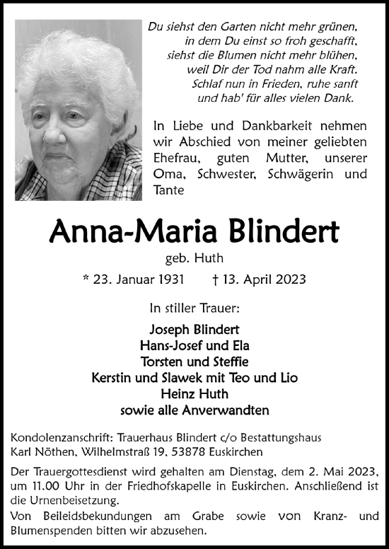 Anzeige von Anna-Maria Blindert von  Blickpunkt Euskirchen 