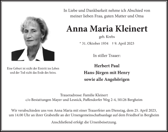 Anzeige von Anna Maria Kleinert von  Werbepost 