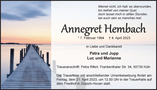 Anzeige von Annegret Hembach von  Blickpunkt Euskirchen 