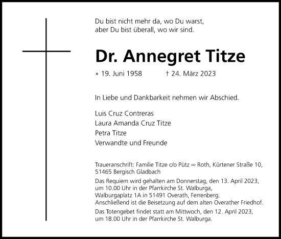 Anzeige von Annegret Titze von Kölner Stadt-Anzeiger / Kölnische Rundschau / Express