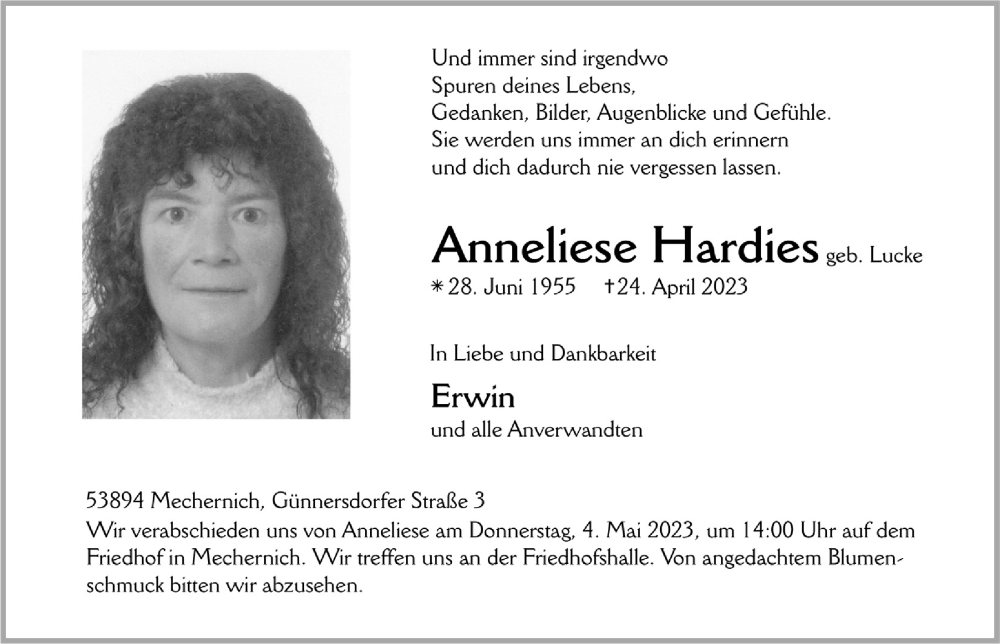  Traueranzeige für Anneliese Hardies vom 29.04.2023 aus  Blickpunkt Euskirchen 
