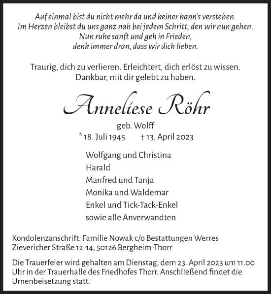 Anzeige von Anneliese Röhr von  Werbepost 