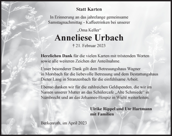 Anzeige von Anneliese Urbach von  Lokalanzeiger 