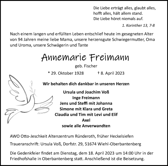 Anzeige von Annemarie Freimann von Kölner Stadt-Anzeiger / Kölnische Rundschau / Express