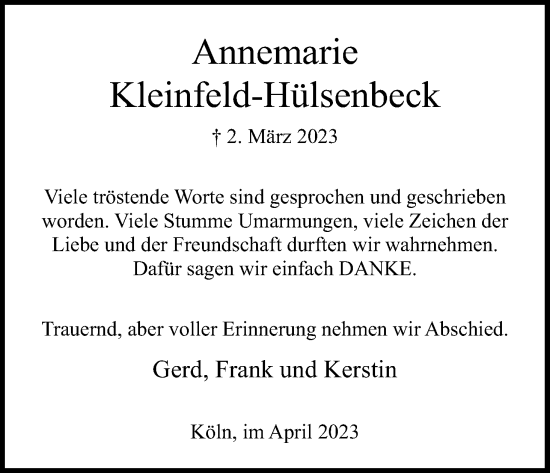 Anzeige von Annemarie Kleinfeld-Hülsenbeck von Kölner Stadt-Anzeiger / Kölnische Rundschau / Express