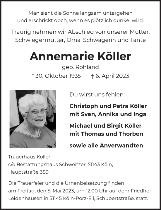 Anzeige von Annemarie Köller von  EXPRESS - Die Woche 