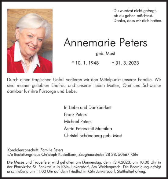 Anzeige von Annemarie Peters von Kölner Stadt-Anzeiger / Kölnische Rundschau / Express