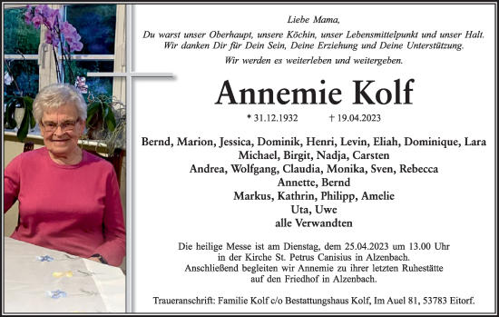 Anzeige von Annemie Kolf von Kölner Stadt-Anzeiger / Kölnische Rundschau / Express