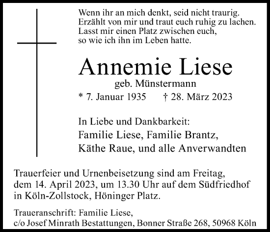 Anzeige von Annemie Liese von Kölner Stadt-Anzeiger / Kölnische Rundschau / Express