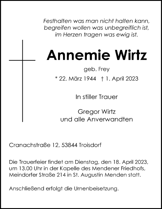 Anzeige von Annemie Wirtz von Kölner Stadt-Anzeiger / Kölnische Rundschau / Express