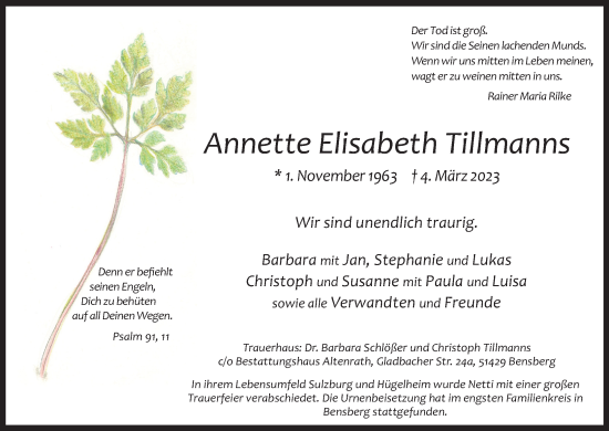 Anzeige von Annette Elisabeth Tillmanns von Kölner Stadt-Anzeiger / Kölnische Rundschau / Express