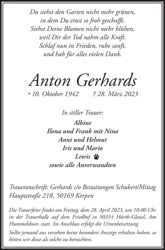 Anzeige von Anton Gerhards von  Wochenende 