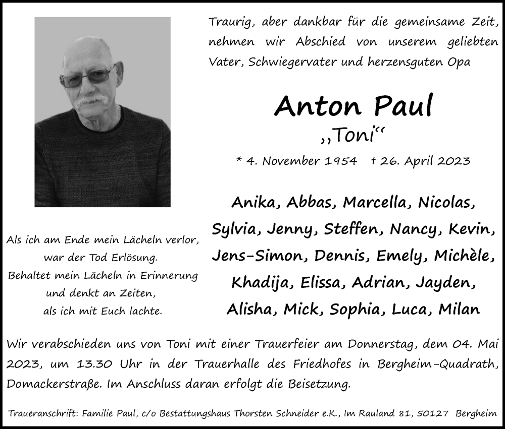  Traueranzeige für Anton Paul vom 29.04.2023 aus Kölner Stadt-Anzeiger / Kölnische Rundschau / Express