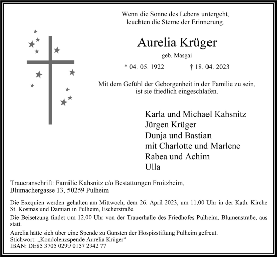 Anzeige von Aurelia Krüger von  Wochenende 