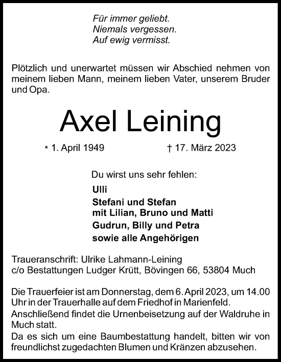 Anzeige von Axel Leining von Kölner Stadt-Anzeiger / Kölnische Rundschau / Express