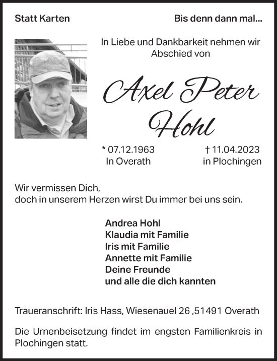 Anzeige von Axel Peter Hohl von  Bergisches Handelsblatt 