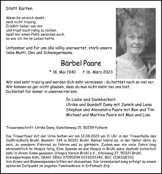 Anzeige von Bärbel Paare von  Schlossbote/Werbekurier 