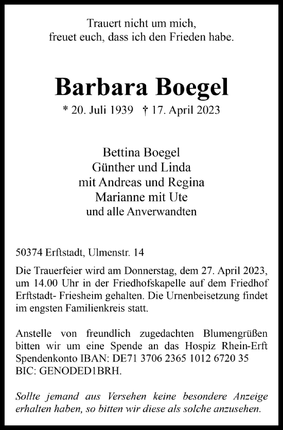 Anzeige von Barbara Boegel von  Werbepost 