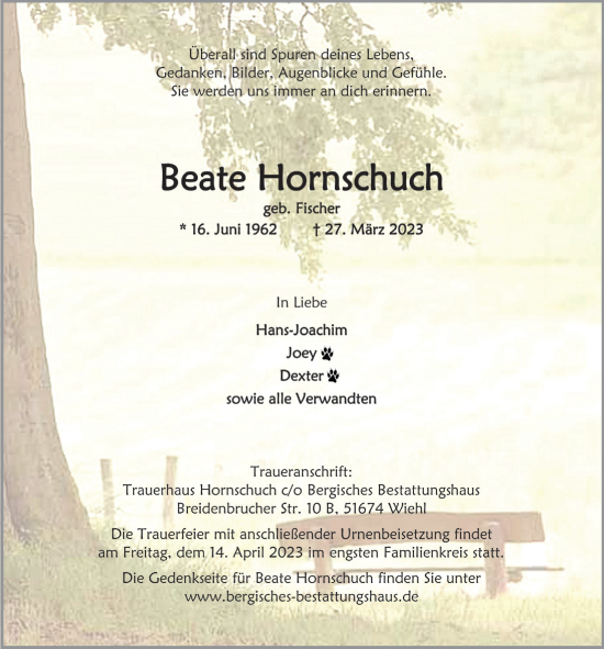 Anzeige von Beate Hornschuch von  Anzeigen Echo  Lokalanzeiger 
