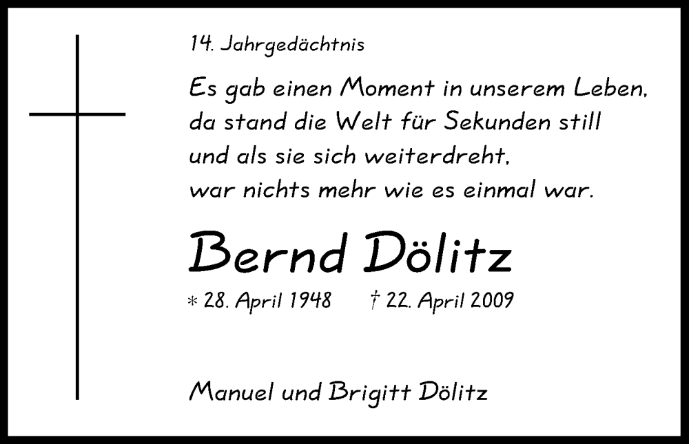  Traueranzeige für Bernd Dölitz vom 22.04.2023 aus Kölner Stadt-Anzeiger / Kölnische Rundschau / Express