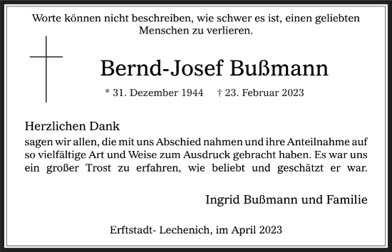 Anzeige von Bernd-Josef Bußmann von  Werbepost 