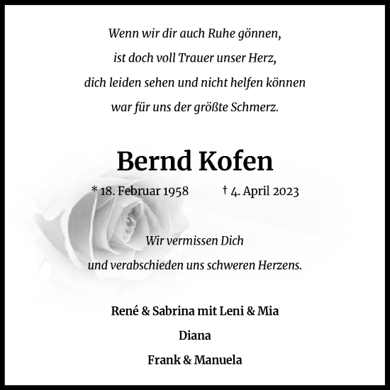 Anzeige von Bernd Kofen von Kölner Stadt-Anzeiger / Kölnische Rundschau / Express
