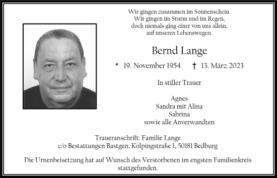 Anzeige von Bernd Lange von  Werbepost 