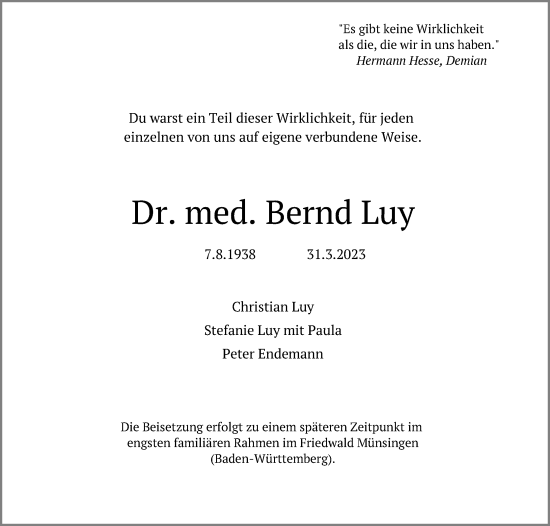 Anzeige von Bernd Luy von Kölner Stadt-Anzeiger / Kölnische Rundschau / Express