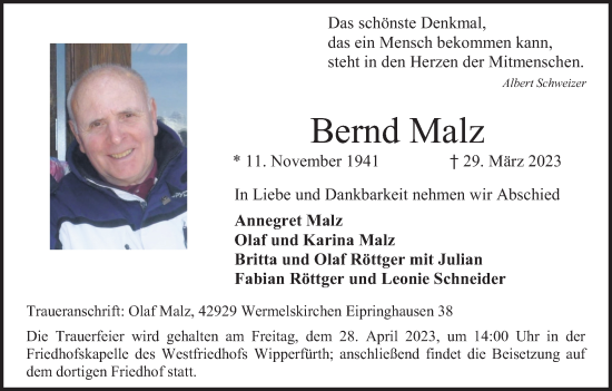 Anzeige von Bernd Malz von Kölner Stadt-Anzeiger / Kölnische Rundschau / Express