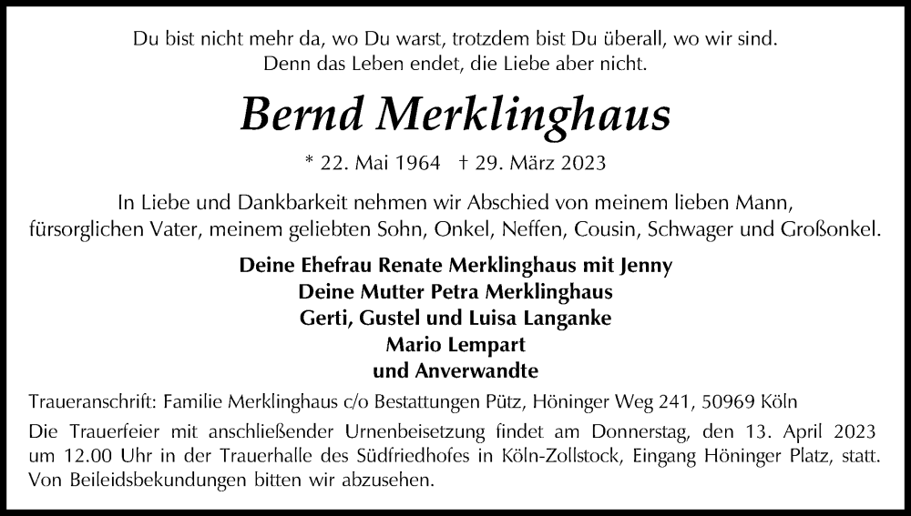  Traueranzeige für Bernd Merklinghaus vom 08.04.2023 aus Kölner Stadt-Anzeiger / Kölnische Rundschau / Express