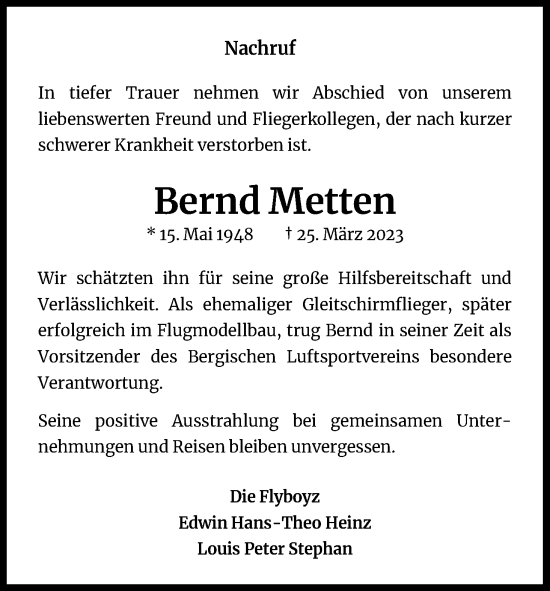 Anzeige von Bernd Metten von Kölner Stadt-Anzeiger / Kölnische Rundschau / Express