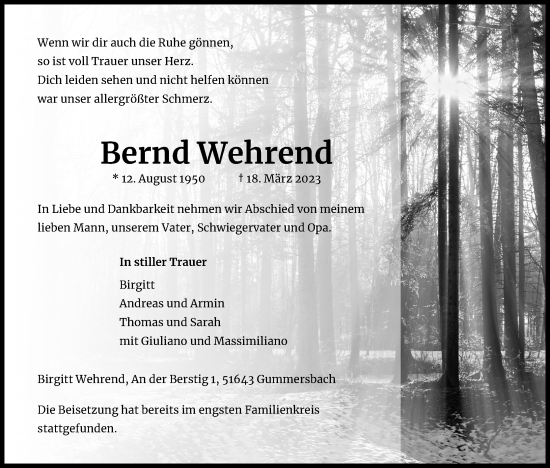 Anzeige von Bernd Wehrend von Kölner Stadt-Anzeiger / Kölnische Rundschau / Express