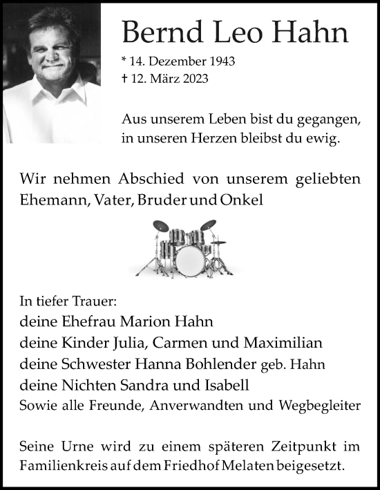 Anzeige von Bernd Leo Hahn von Kölner Stadt-Anzeiger / Kölnische Rundschau / Express