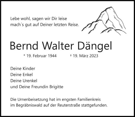 Anzeige von Bernd Walter Dängel von  Bergisches Handelsblatt 