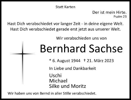 Anzeige von Bernhard Sachse von  Lokalanzeiger 