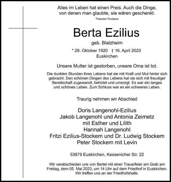 Anzeige von Berta Ezilius von Kölner Stadt-Anzeiger / Kölnische Rundschau / Express