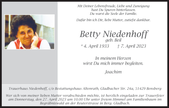 Anzeige von Betty Niedenhoff von Kölner Stadt-Anzeiger / Kölnische Rundschau / Express