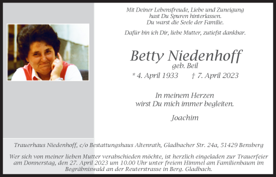 Anzeige von Betty Niedenhoff von  Bergisches Handelsblatt 