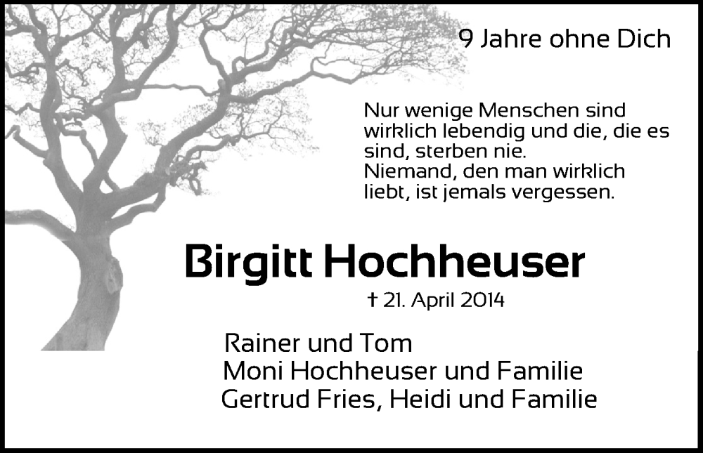  Traueranzeige für Birgitt Hochheuser vom 21.04.2023 aus Kölner Stadt-Anzeiger / Kölnische Rundschau / Express