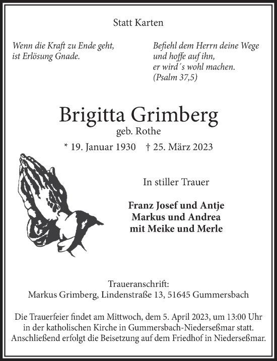 Anzeige von Brigitta Grimberg von  Anzeigen Echo 