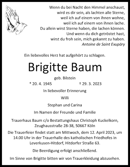 Anzeige von Brigitte Baum von Kölner Stadt-Anzeiger / Kölnische Rundschau / Express