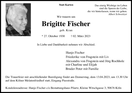 Anzeige von Brigitte Fischer von Kölner Stadt-Anzeiger / Kölnische Rundschau / Express
